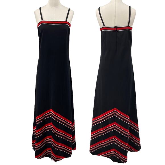 Vintage 70s Maxi Dress Spaghetti Strap Chevron Stripe Hem ILGWU Black Red Small - Picture 1 of 12